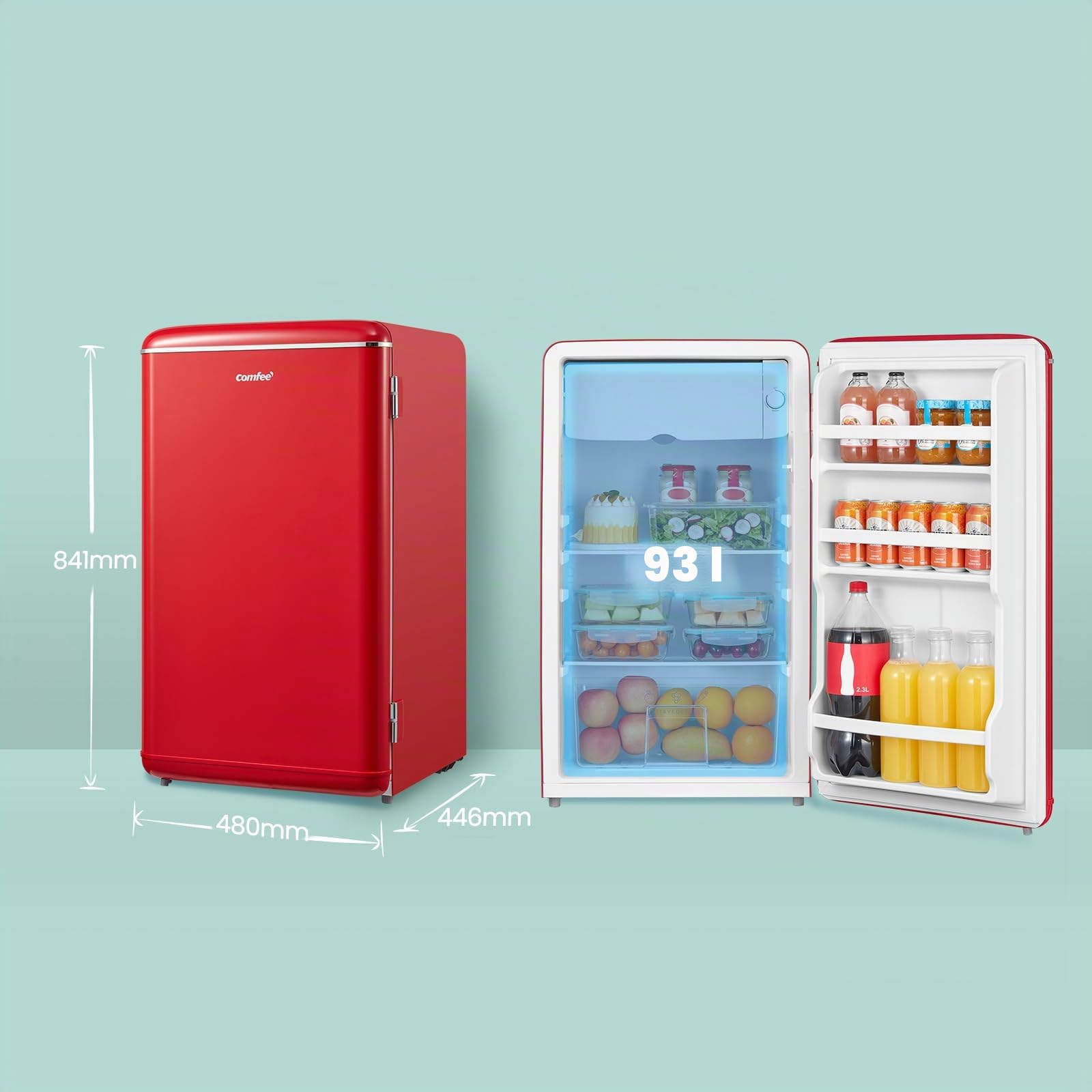 COMFEE' Petit réfrigérateur, 93 litres, design rétro, mini réfrigérateur, réfrigérateur de table, thermostat réglable, silencieux, adapté à la maison, au bureau et à l'hôtel, rouge