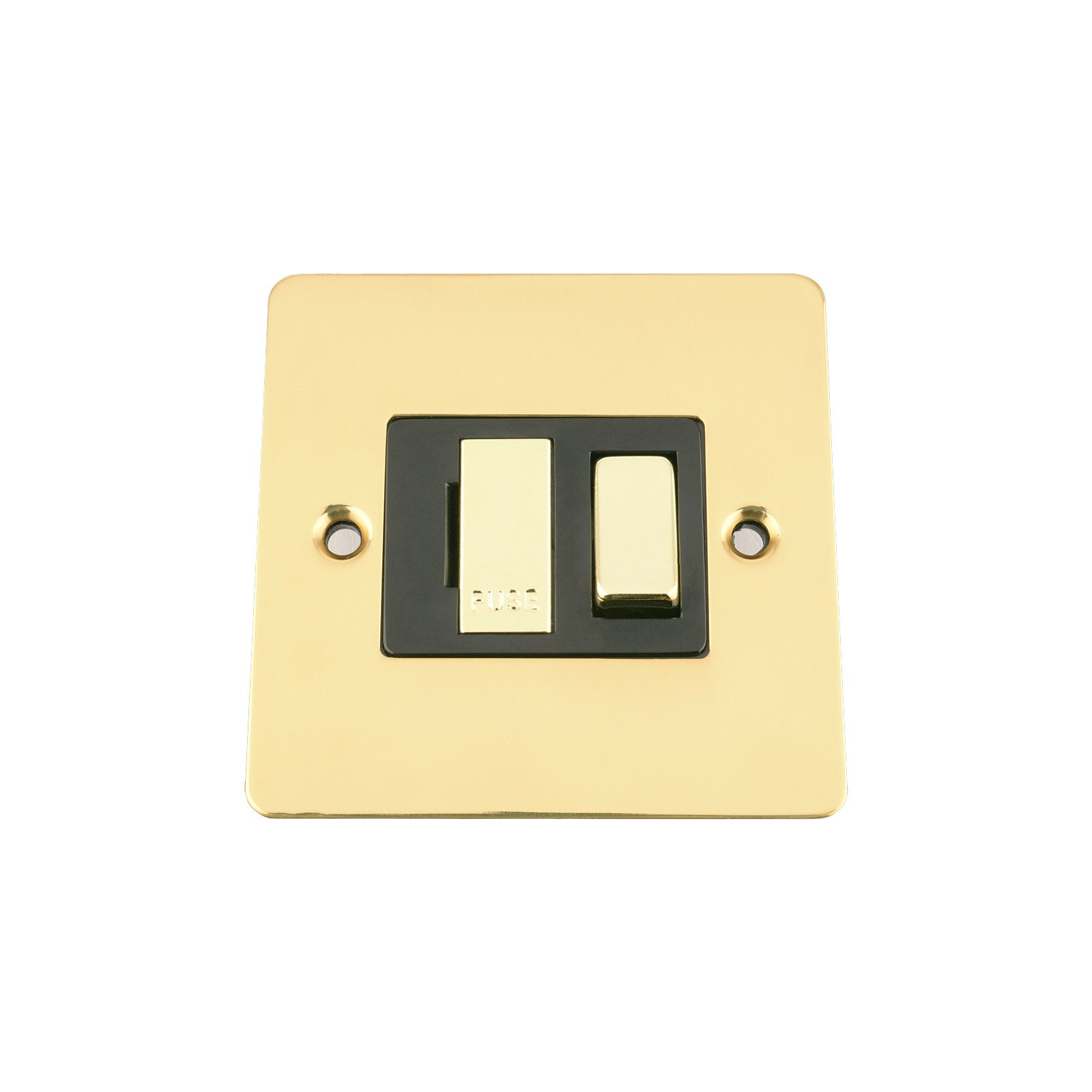 Switched Fused Spur Switch 13A - Polished Brass Flat - Black - Metal Rocker Switch