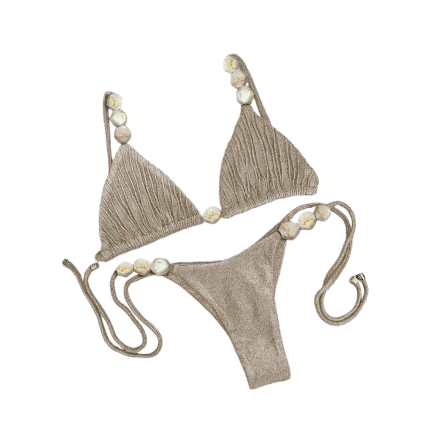 Bikini Donna Beige Triangolo Set Beaded Dettaglio Due Pezzi Costume da Bagno-ld25062c1-m