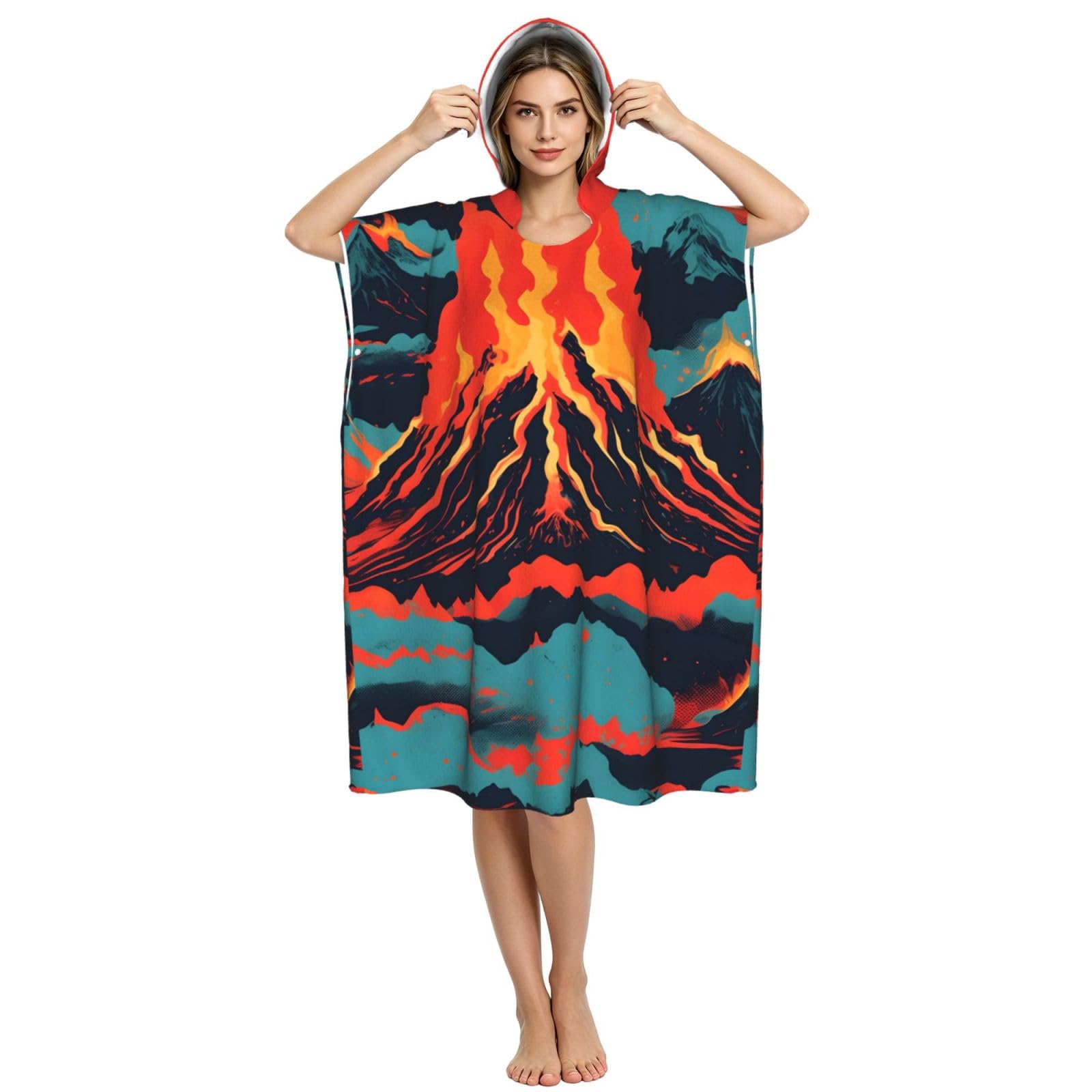 Yyoretp Volcano Print Surf Poncho Changing Towel Swim Robe Hoodie Quick Dry Terry Cloth Swimming Cover Up