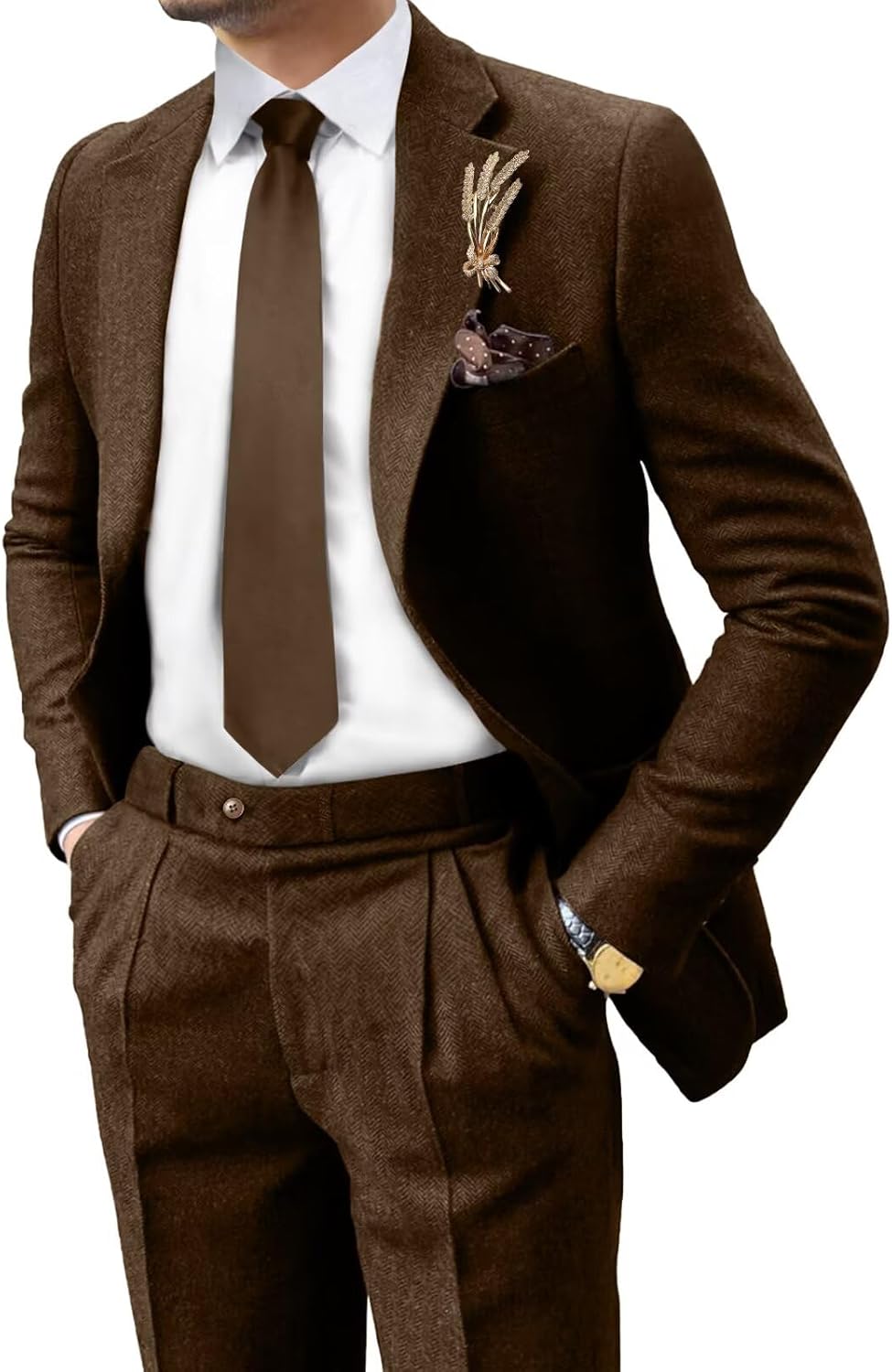 Retro Tweed Mens Suit Herringbone Slim Fit 2 Buttons Men's Jackets Sets Prom Wedding Jacket Blazer Pants Groom Tuxedo Set
