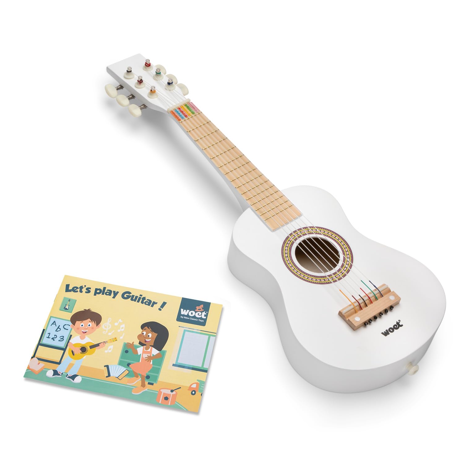 Woet® Weiß Holz Spielzeug Gitarre für Kinder, 6 Nylonsaiten mit Tragegurt, Ersatzsaite und Farb Liederbuch mit 3 Liedern, Einsteiger Lernspielzeug Musikinstrument, Geschenk, Ab 3 Jahren