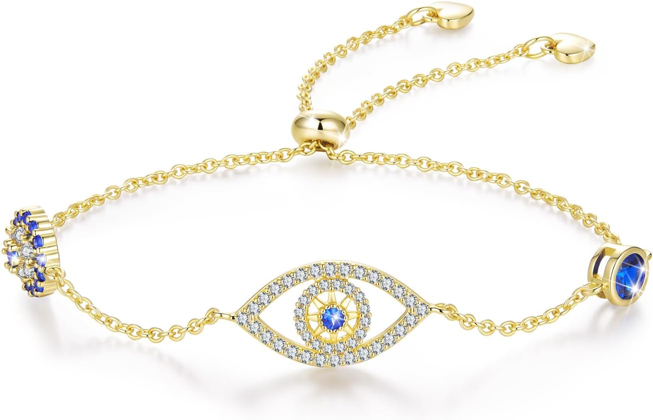 WOSTU Women Evil Eye Protection Bracelets 925 Sterling Silver White Gold Plated Adjustable Bracelets