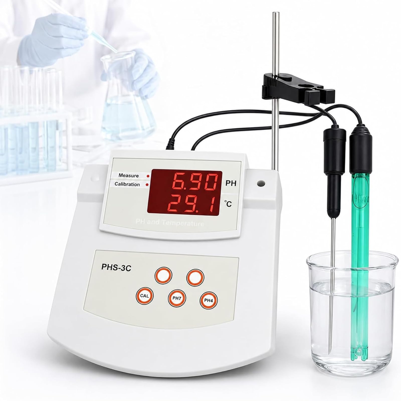 Medidor De Ph De Sobremesa para Laboratorio, Medidor De Acidez De Sobremesa con Autocalibración, Precisión De ±0,01 Ph Y 2 Electrodos De Ph/Temperatura, 0℃-50℃ ATC, con Soporte, para Medio