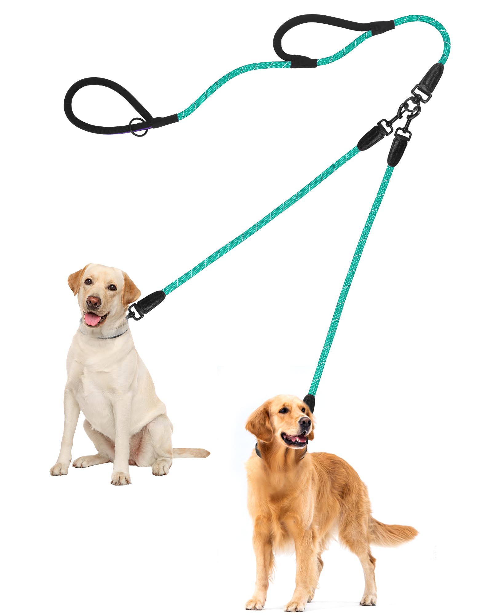 PetBonus Rope Double Dog Lead, No Tangle Dual Lead, Reflective Walking Training Leash with Two Comfortable Padded Handles