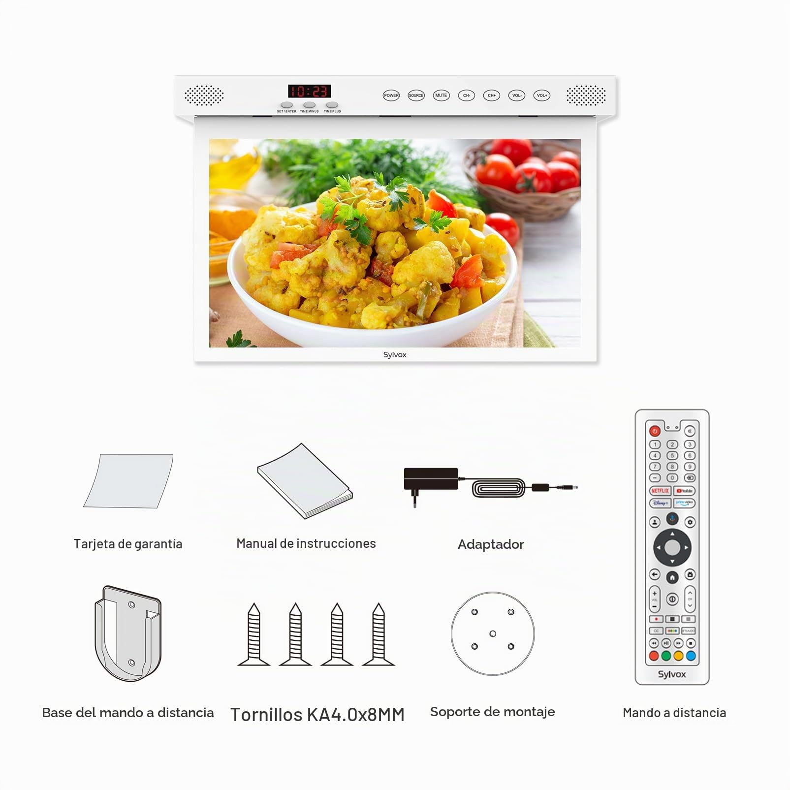 SYLVOX TV de Cocina Plegable 15.6", 90° Ajustable, 1080P, Smart con Google TV,12V Mini Televisor con Rotación 360° | DVB-C/S2/T2 | Wi-Fi | Bluetooth | para Cocina, Camping, Dormitorio(Blanco)
