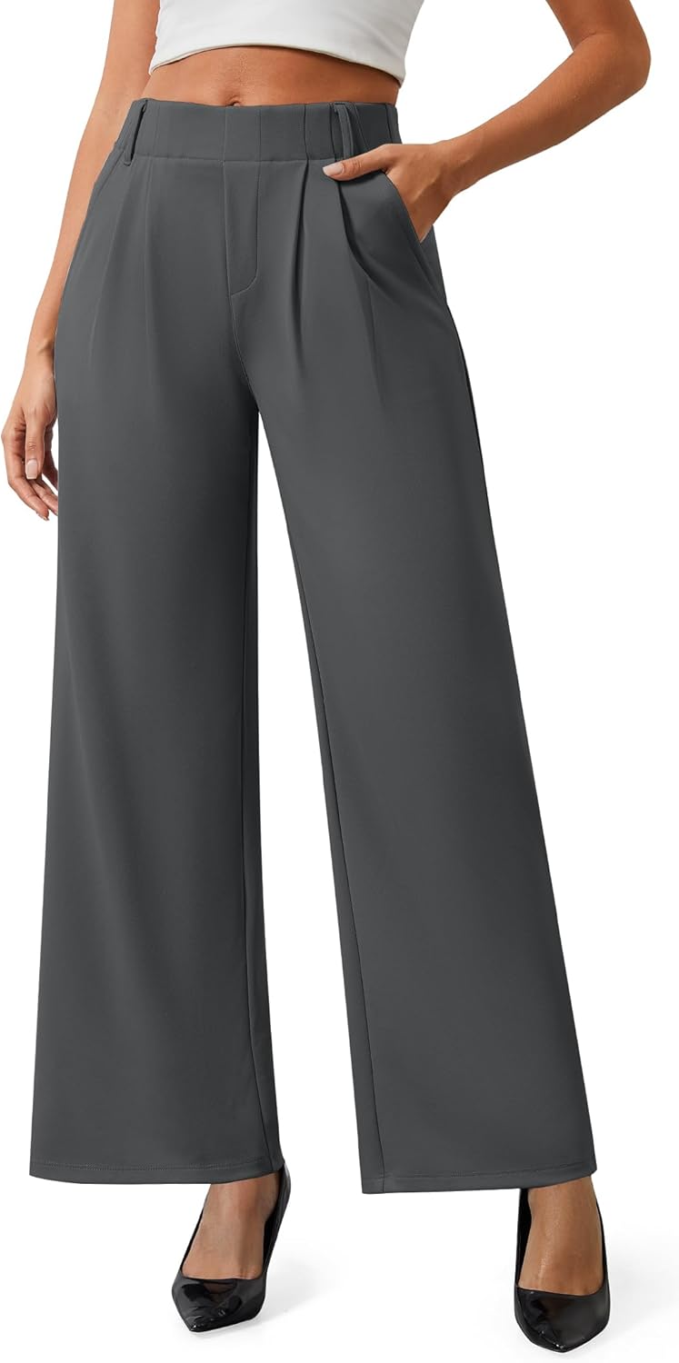 AVAMO Womens Dress Pants Wide Leg Pull On Stretchy Work Pants for Women with Pockets High Elastic Waist Office Business