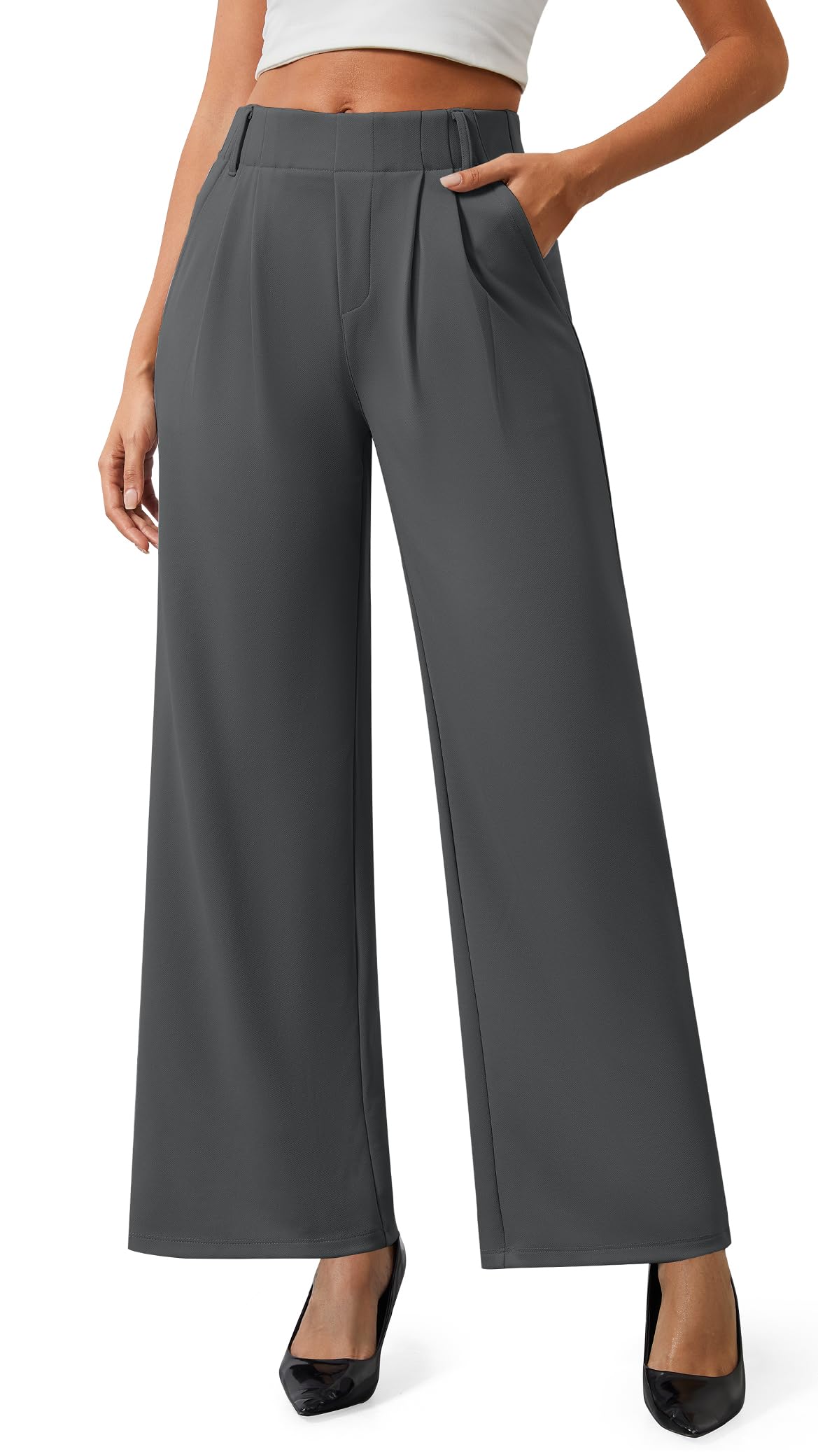AVAMO Womens Dress Pants Wide Leg Pull On Stretchy Work Pants for Women with Pockets High Elastic Waist