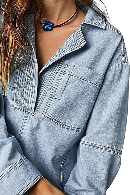 Women's Denim Pullover Long Sleeve V Neck Denim Jacket Coat Denim Button Down Shirt Women With Pockets2