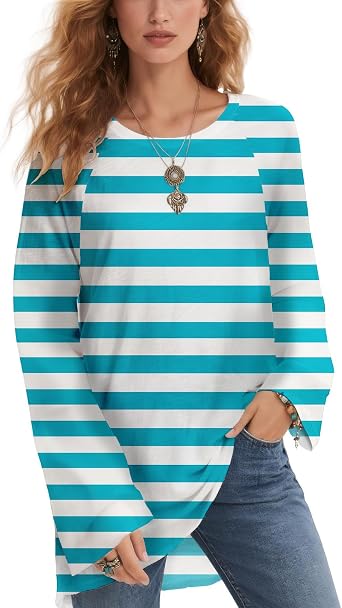 DMOYALA Womens Striped Long Sleeve Shirt Casual Flowy Color Block Tshirts Crewneck Lightweight Curved Hem Fall Tunic Tops