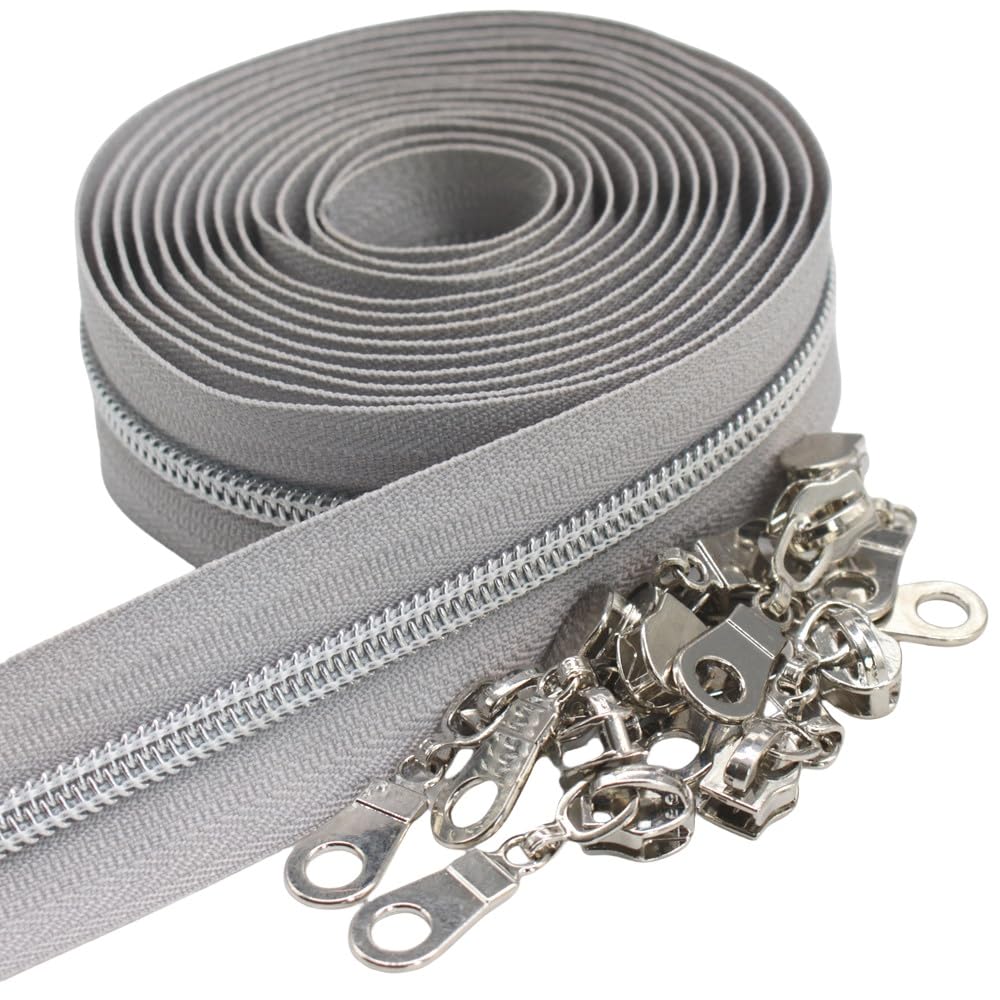 YaHoGa 9 m silberfarben endlos Reißverschluss Meterware Grau reissverschluss 6mm-Spirale + 25 Nonlock-Zipper (silberfarben Grau)