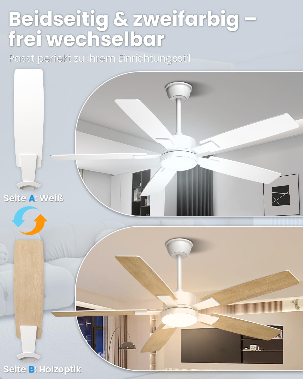 Deckenventilator mit Beleuchtung 132cm Fernbedienung Leise Umdrehbare Flügel 2 Farben Wohnzimmer Schlafzimmer