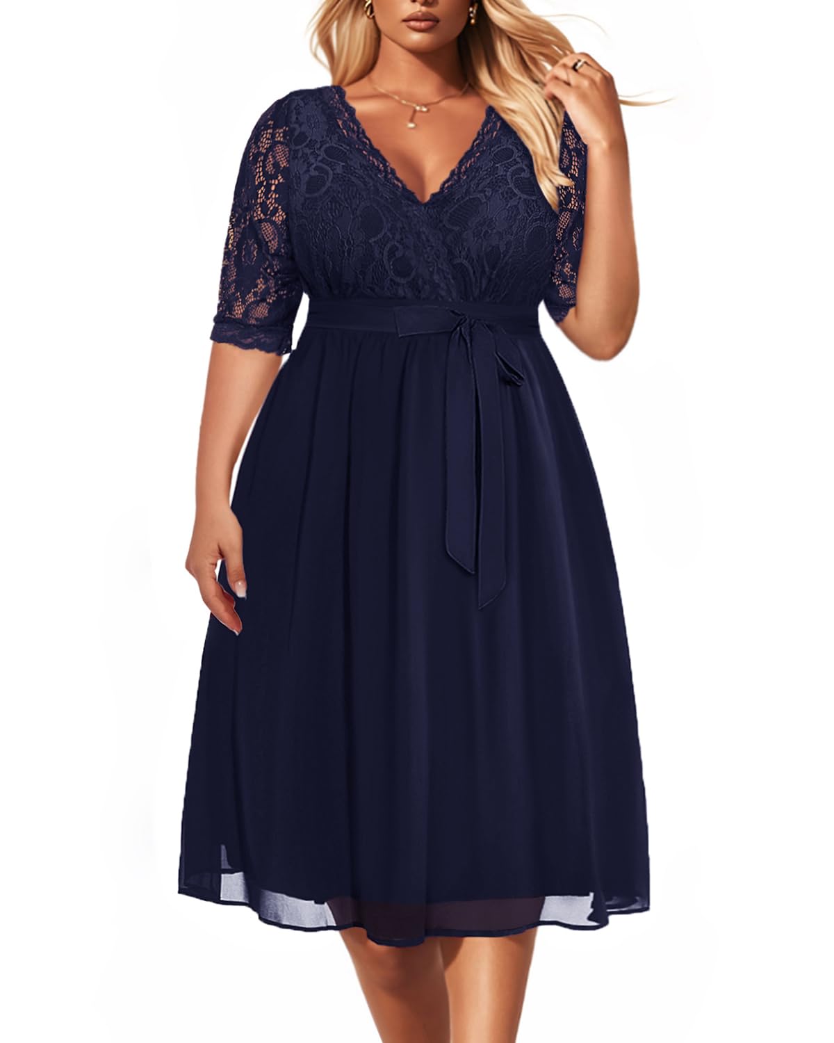 Pinup Fashion Plus Size Lace Chiffon Wrap V Neck Dresses Women Cocktail Wedding Guest Midi Dress