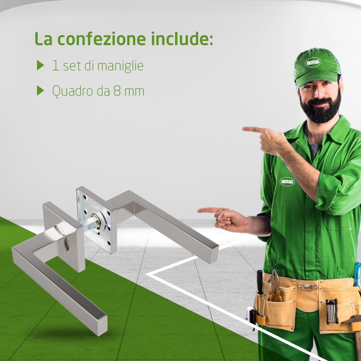 Amig - Door Handle Set | Silver Colour | Elegant and Simple Design | Easy to Install, Screws Included | Stainless Steel | Square Rosette 54 x 54 mm