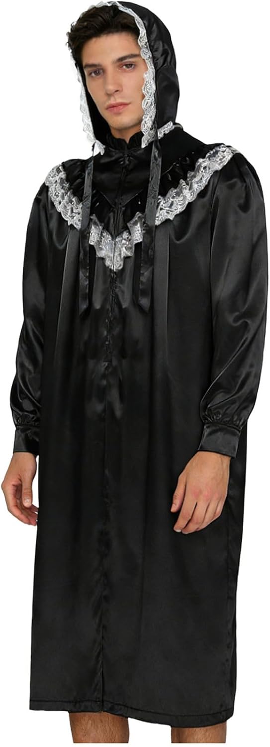 iiniim Men's Soft Silky Sleepwear Victorian Long Sleeve Nightshirt with Sleeping Cap Pajama Set