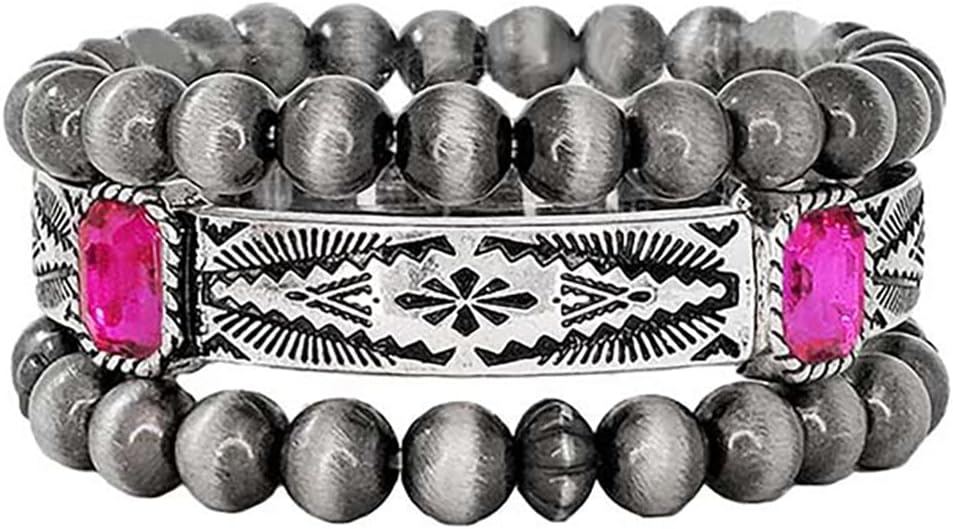 Rosemarie & Jubalee Women's Set of 3 Western Metallic Bead And Howlite Stone Stretch Bracelets, 6.75"