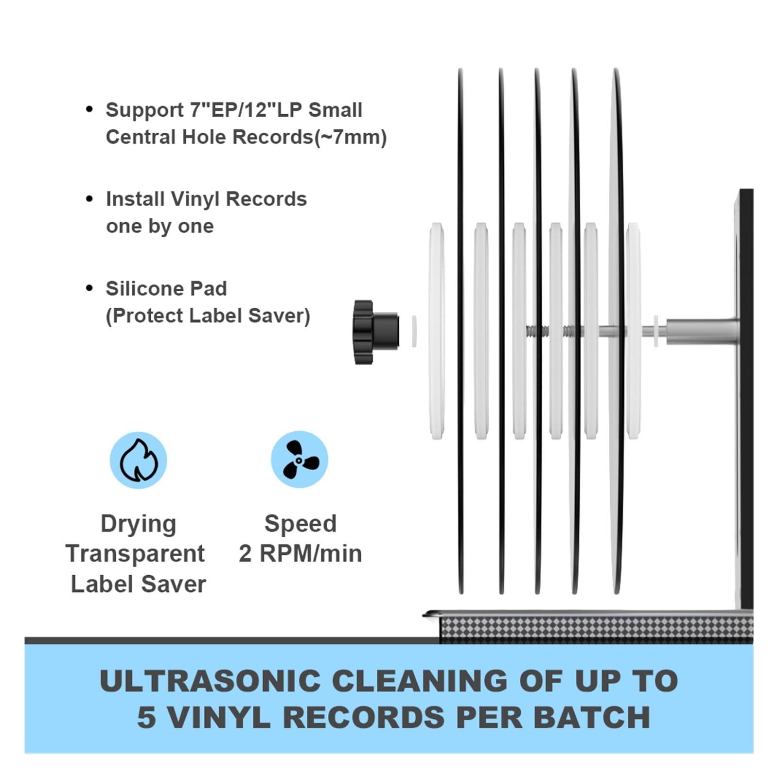 LP Vinile Da 12 Pollici Staffa Di Rotazione In Argento For Bagno Ad Ultrasuoni Da 6,5 ​​litri Disco In Vinile Pulizia Ad Ultrasuoni Protezione Etichetta Discografica