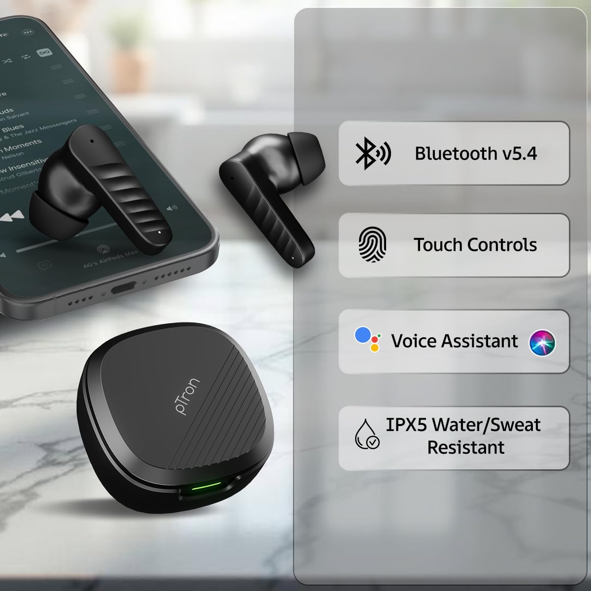 pTron Bassbuds NEO TWS Earbuds w/ 13mm Drivers, 45Hrs Playtime, Dual HD Mic & AI-ENC Calls, Custom EQ, Mobile App, Bluetooth V5.4 Earphones, Voice Assistant, Type C Fast Charging & IPX5 (Raven Black) — Amazon image 8