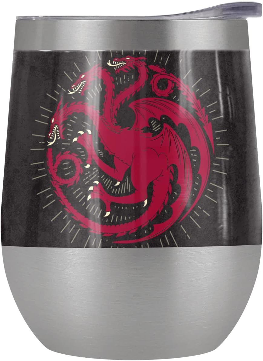 Game of Thrones OFFICIAL Stark Sigil 12 OZ Stemless Wine Tumbler, Stainless Steel Travel Cup|Lake Tumbler|Insulated with Leak Resistant Slide-Lock Lid, Stainless Steel