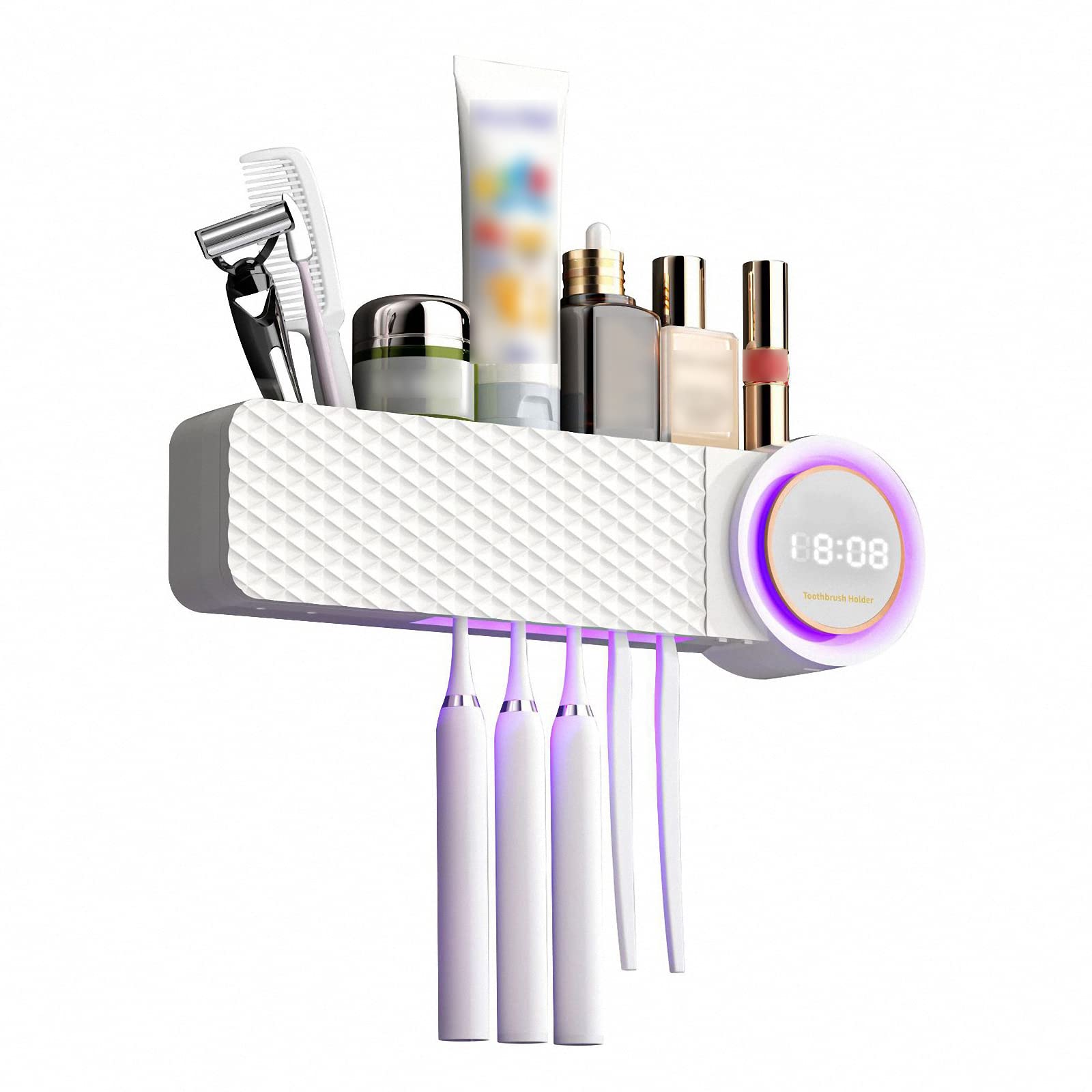 Portaspazzolino con sensore Intelligente con spremi dentifricio, mensola per spazzolino Elettrico a Parete con Asciugatura Senza Fori con luci ambientali+Display Digitale