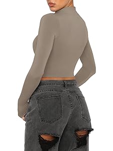 REORIA Women's Basic Cute Mock Turtleneck Long Sleeve Ribbed Tight Tshirts Crop Tops