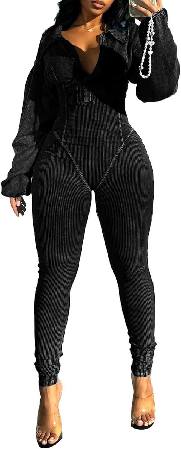 Womens Jumpsuits Casual Romper V Neck Bottom Pants Loose Long Sleeve Bodysuit Bodycon Sexy One Piece - Image 5