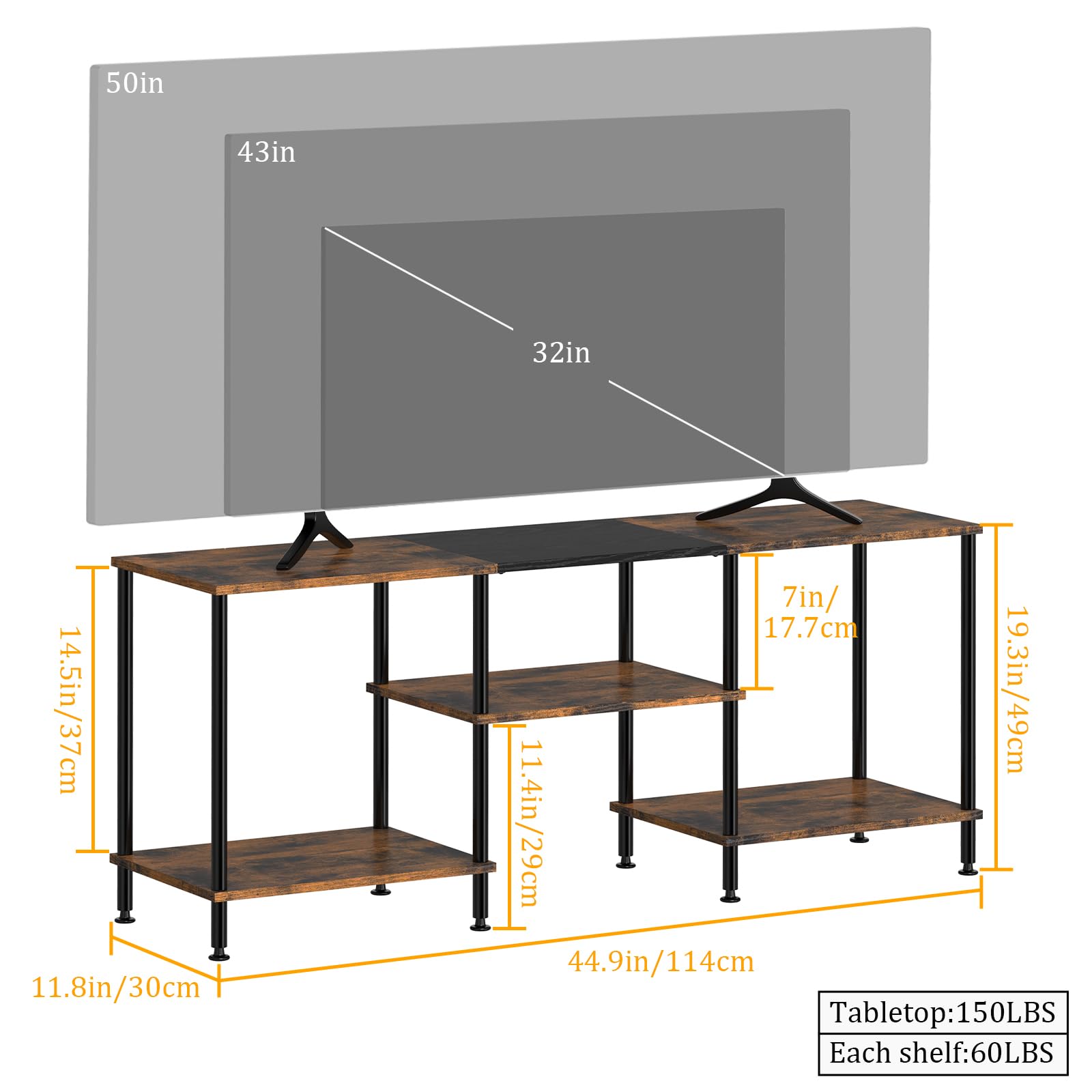 TV Schrank Ständer 3-Stufiges Regal TV-Schrank Freistehend für 50-Zoll-Fernseher Fernseher Schrank mit Verstellbare Standfüße TV Möbel Rustikaler für Wohnzimmer Schlafzimmer Hotels (Braun)