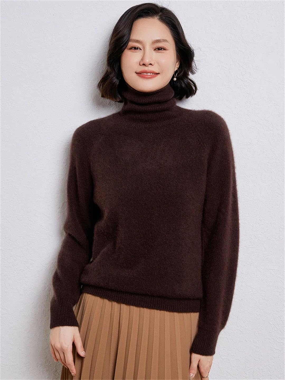 Maglioni da donna in lana tinta unita pullover a maglia spessa maglione a collo alto maglione a maniche lunghe camicie base in lana lavanda S, Lavanda, S