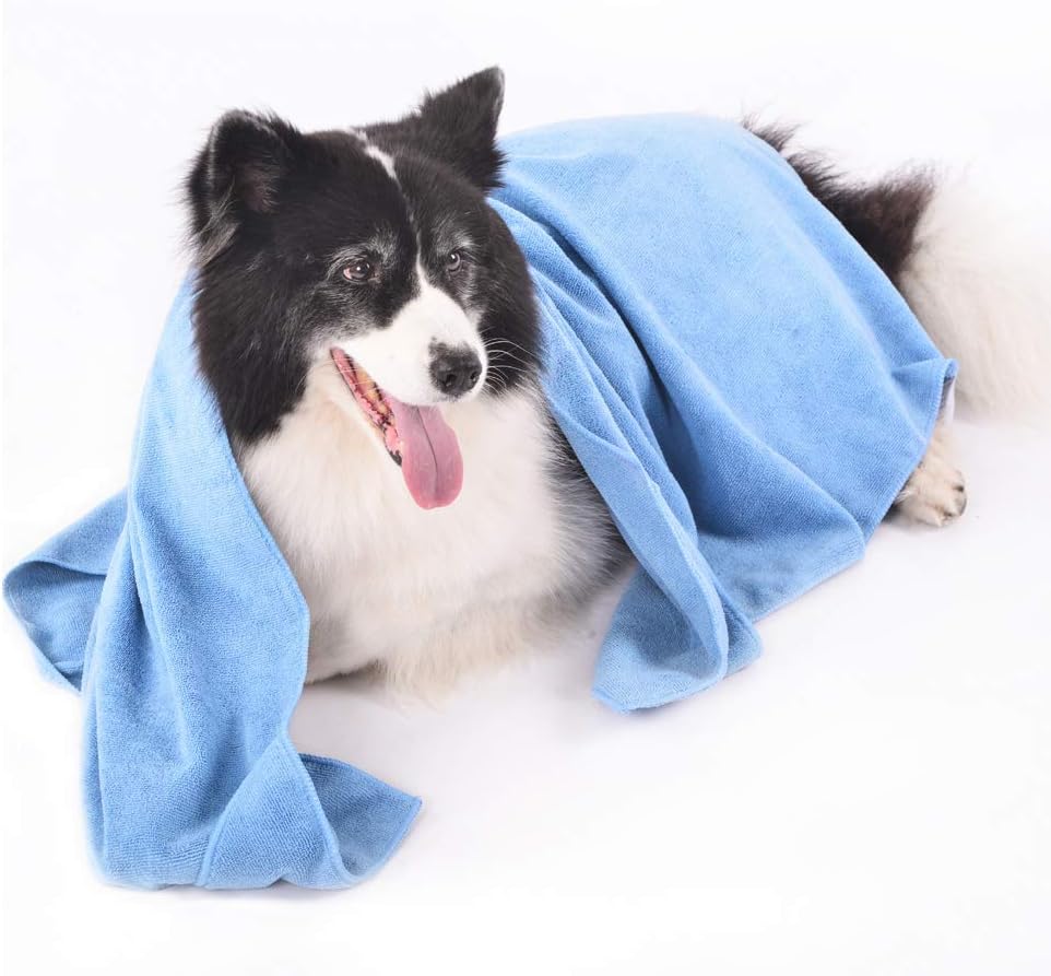 Winthome Microfiber Dog Towel for Drying, Super Absorbent Doggy Bath Towel for Pets with Corner Pockets,Soft and Lightweight (L Blue)