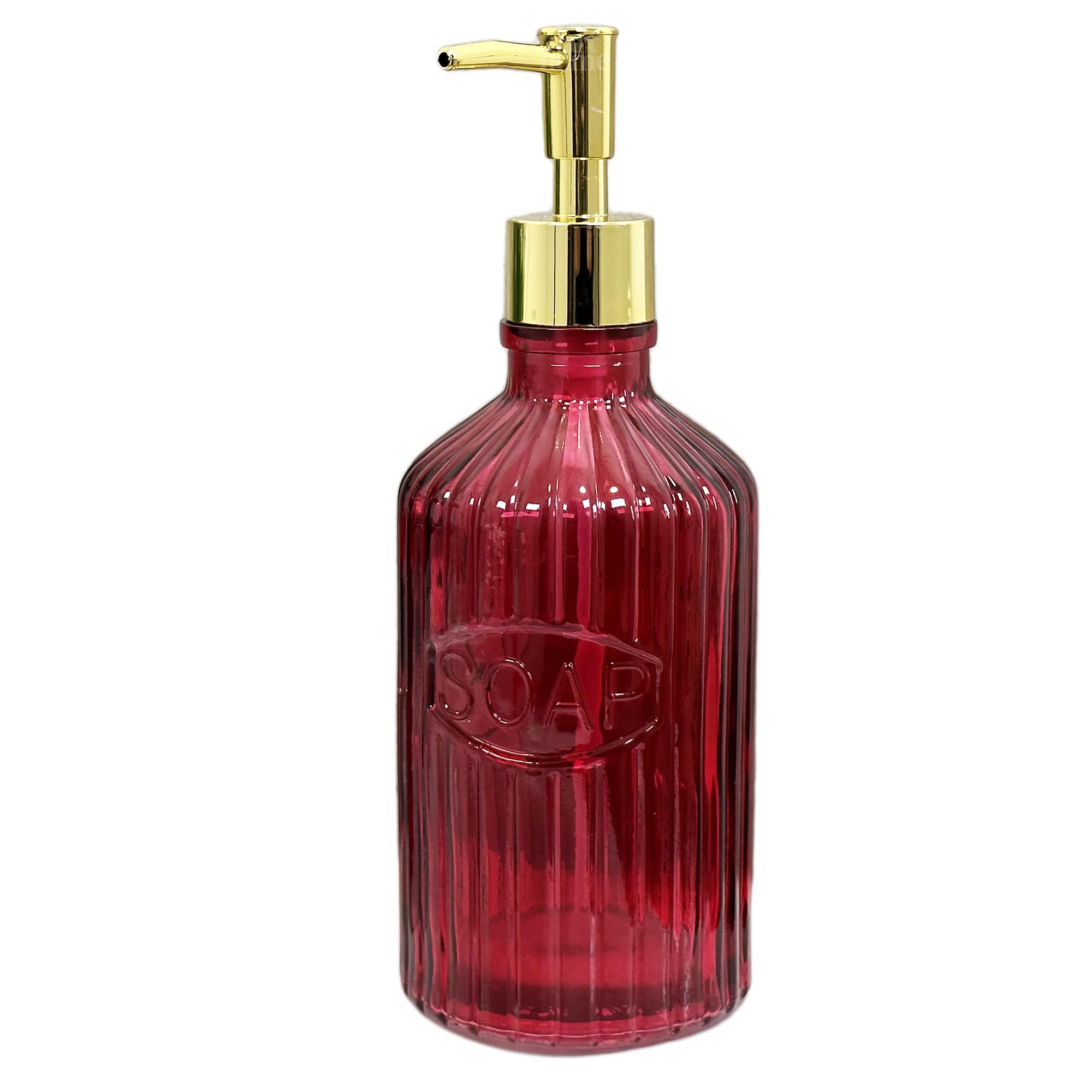 Soap Dispenser 500ml Eclectic Ribbed Glass Gold Pump Bathroom Accessory (Pink)