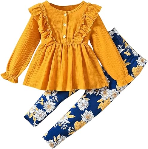 Conjunto de 2 piezas de ropa para niña pequeña con lazo y mangas con volantes + pantalones florales en todo el mundo, conjunto de 2 piezas para