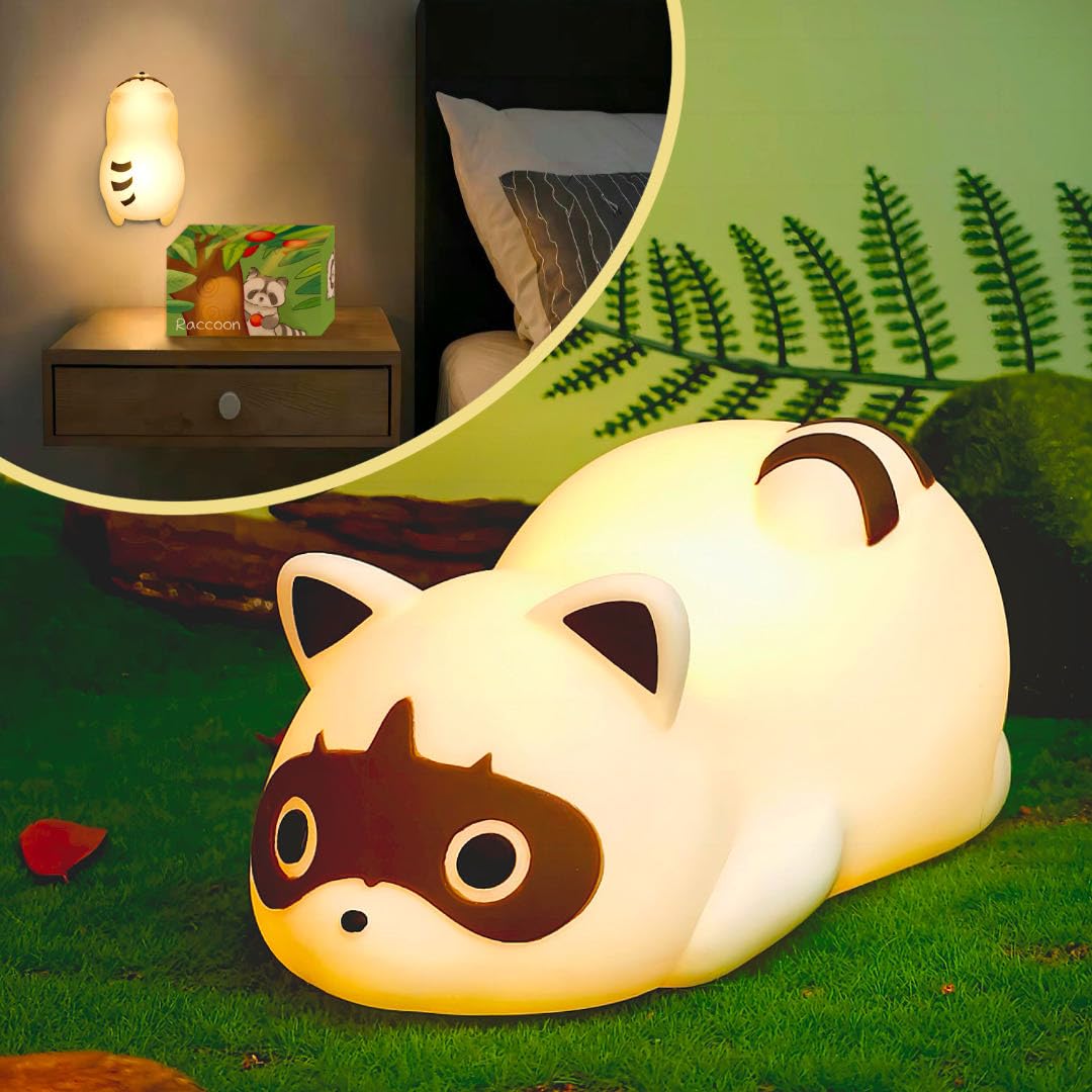 QUIGO Nachtlicht Kinder LED Nachtlampe Baby aus Silikon mit Touch Tragbar Dimmbare Nachttischlampe kinderzimmer für Waschbär lamp für Mädchen Kawaii Babyzimmer Deko Geschenk