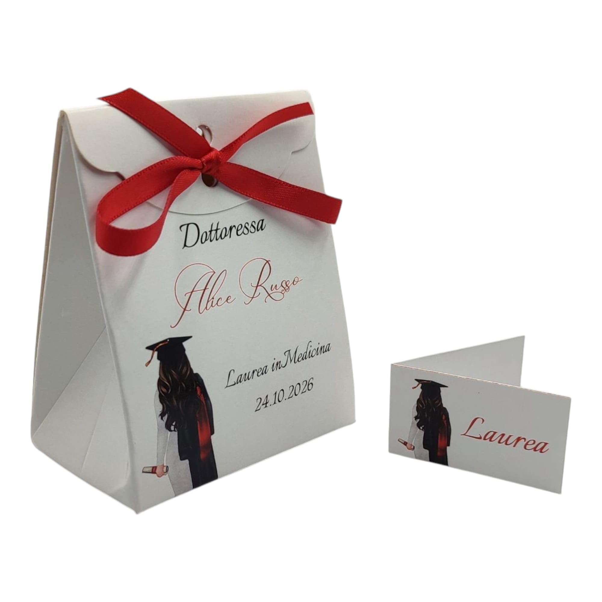 PV Grafik 24 Bomboniere Laurea Personalizzate con Nome, Scatoline Portaconfetti Laurea, Bomboniera Laurea Personalizzata Complete di Bigliettini e Nastri, Scatoline Confetti Laurea(Nica L5)