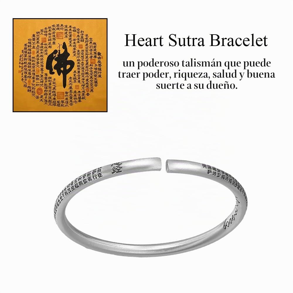 Pulsera Retro de Plata Pura 999 Feng Shui, Mantra Budista Tibetano Sutra del corazón, Ajustable Hecha a Mano for Riqueza, Felicidad, Buena Suerte y Prosperidad, joyería Espiritual(C)