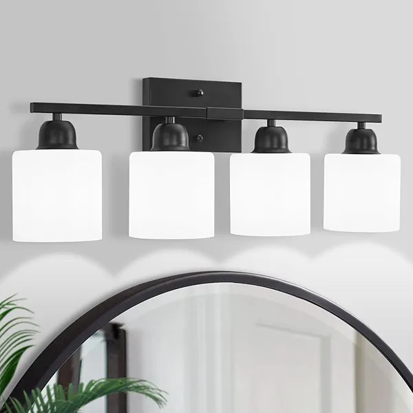 Bathroom Light Fixtures, 4-Light Modern Vanity Light with Milky White Frosted Glass Shades, E26 Socket Wall Lamp, Bathroom Lighting Fixtures Over Mirror Bedroom, Dressing Room (Matte Black)