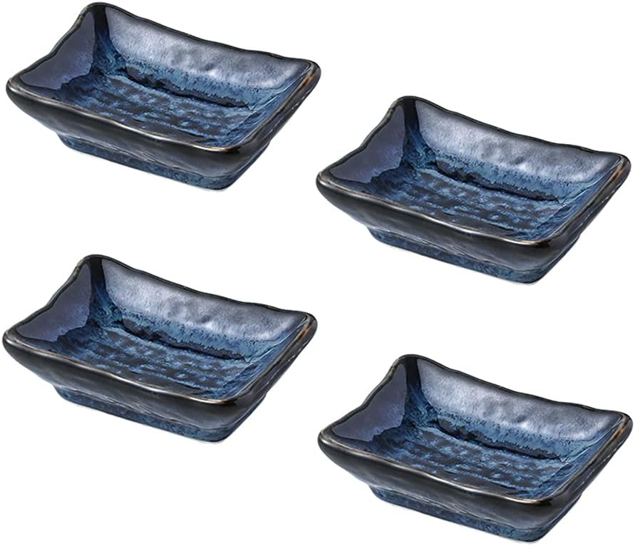Colias Wing Juego de 4 platos rectangulares de porcelana para condimentos para salsa de soja, color negro, gris y azul