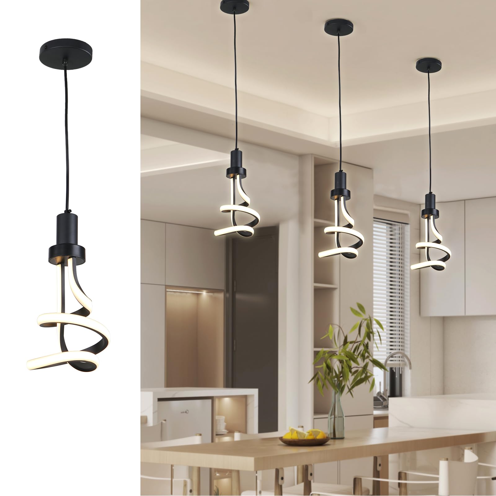 Cunfash Modern LED Pendant Light, Black Spiral LED Pendant Light Kitchen Island, Adjustable Chandelier Hanging Light for Bedroom, Dining Room, Office,
