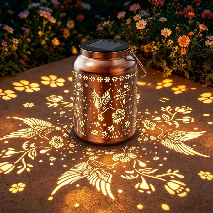 Image of Solar Hanging Lantern Outdoor Waterproof, Metal Jar Light with Hummingbird Floral Cut Design, Warm LED Decorative Garden Light for Balcony, Patio, Yard & Gift for Mothers Day (1)