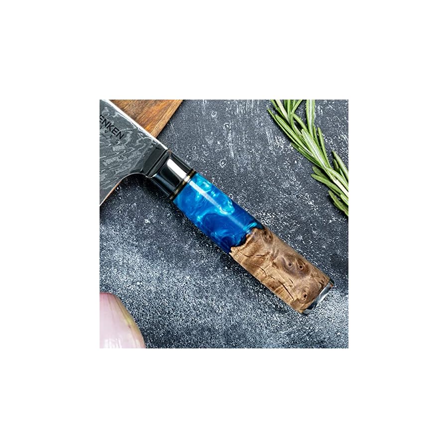 SENKEN-Damascus-Steel-Santoku-Knife-Tsunami-Collection-67-Layer-Japanese-VG10-Steel-Core-Unique-Blue-Resin-Natural-Wood-Handle-Razor-Sharp-Beautiful-Damascus-Wave-Pattern-7-Santoku-Knife SENKEN Damascus Steel Santoku Knife - Tsunami Collection - 67-Layer Japanese VG10 Steel Core - Unique Blue Resin & Natural Wood Handle, Razor Sharp, Beautiful Damascus Wave Pattern (7" Santoku Knife)