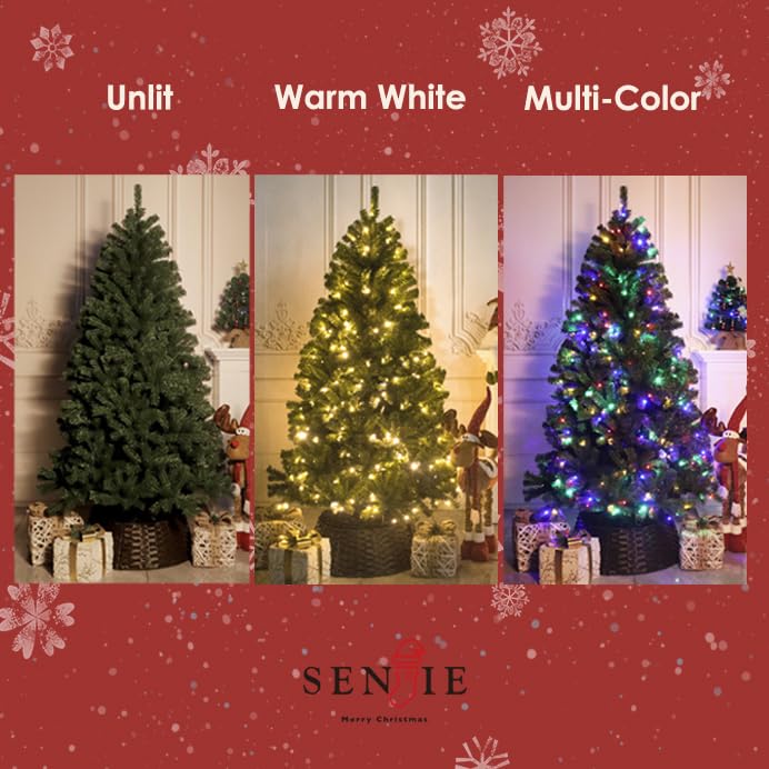 Image of Prelit Christmas Tree Artificial Hinged Xmas Tree with Stand,Multicolor Lights,Decorated for Home Holiday,7FT
