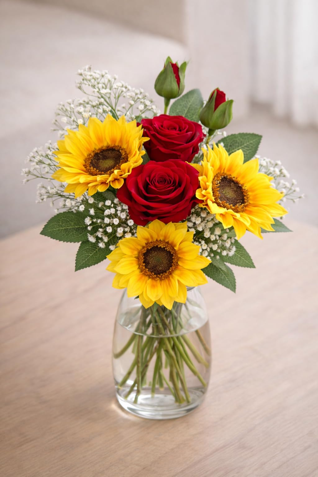 Divyakosh Artificial Flowers for Home Decoration, Flora for Decor | Artificial Flowers for Vase (VASE NOT Included) Decorative Items for Living Room. Sunflower and Red Rose Bunch with Baby Breath |