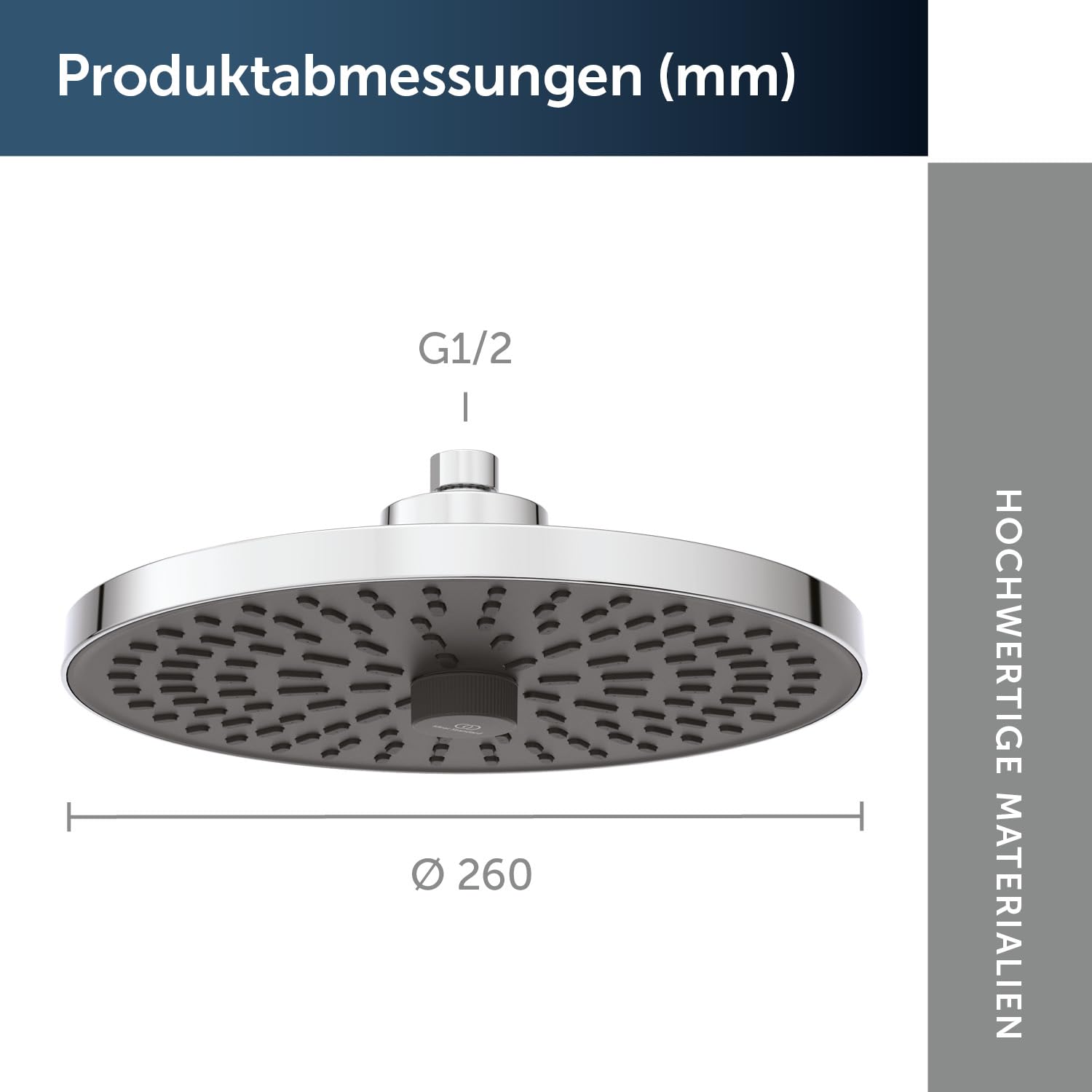 Ideal Standard Idealrain Alu+ 2-Funktionskopfbrause, mit zwei Strahlarten (SilkRain und Rain) per Drehumschaltung, wassersparende Regenbrause mit EasyClean-Düsen – Chrom (260x91x260 mm)