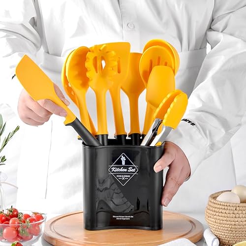 Miniatura 3 de Juego de utensilios de cocina de silicona amarillo y negro, utensilios de cocina con soporte de almacenamiento, resistente al calor, antiadherente,