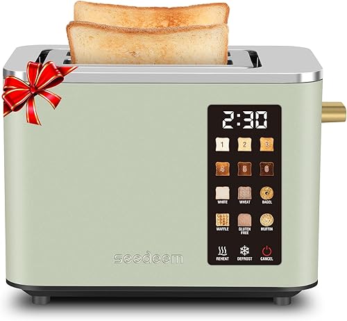 SEEDEEM Tostadora de 2 rebanadas, pantalla de control táctil, tostadora inteligente de acero inoxidable, 6 ajustes de sombra, selección de 6 panes,