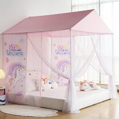 Akiky Toldo de cama arcoíris con pompones, cortinas Montessori, tienda de campaña para niños, postes de cama (matrimonialQueen, caballo)