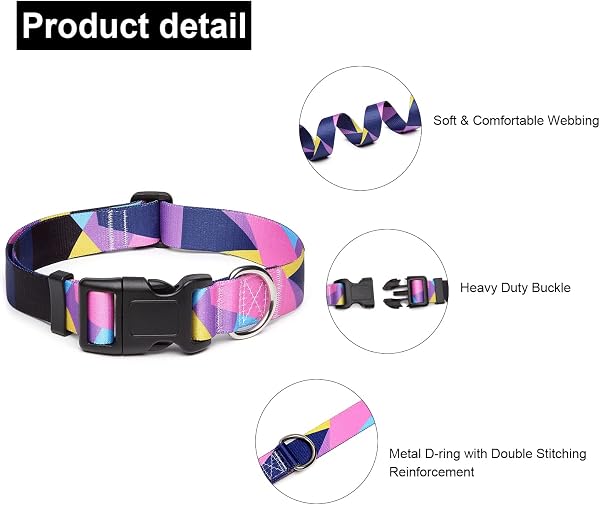 Mercano Adjustable Dog Collar - Special Design Patterns, Soft Nylon Comfortable Durable Pet Collar for Small Medium Large Dogs (M, Geometric Purple) - 3