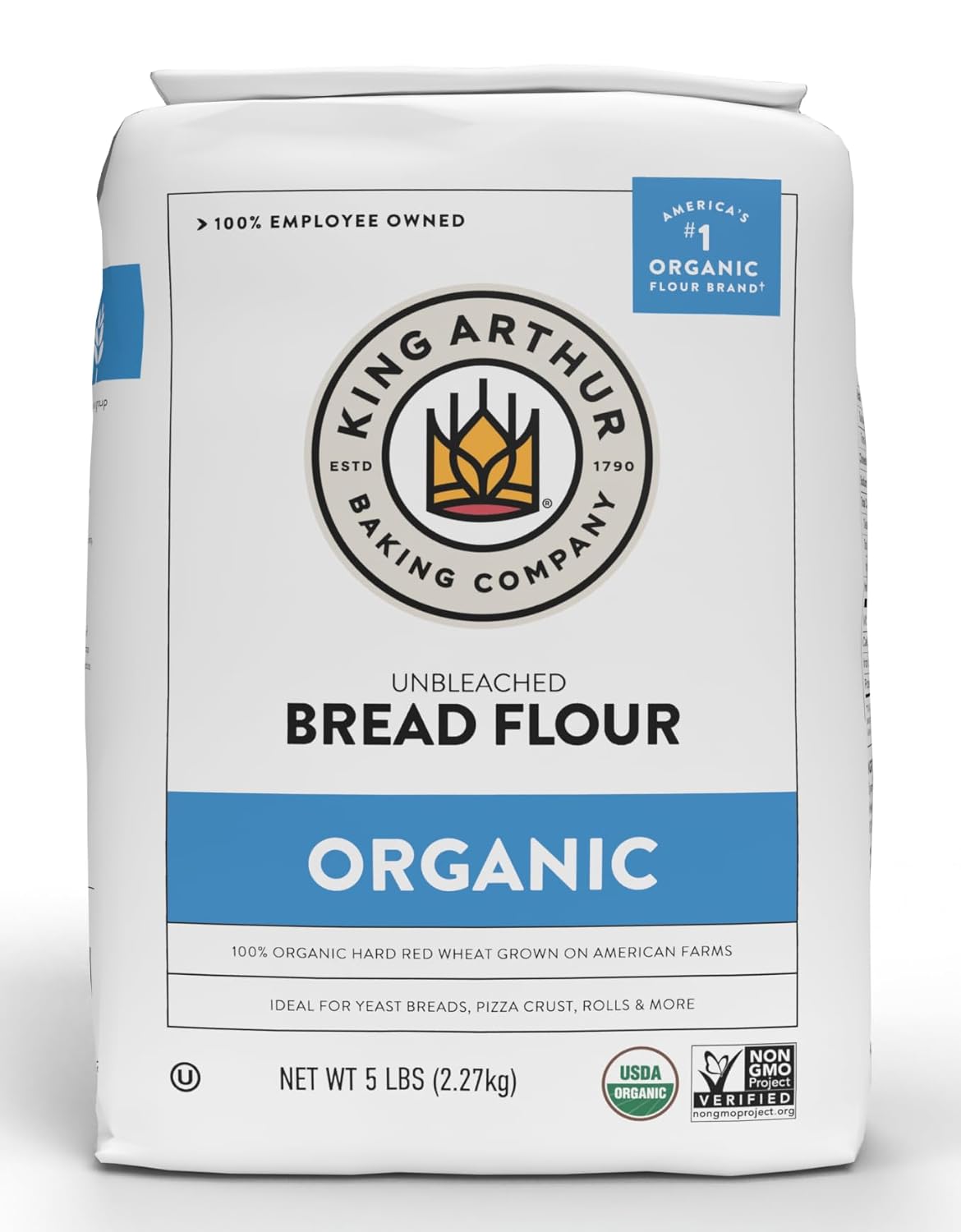 king arthur unbleached organic bread flour - high protein 12.7% for lofty yeasted breads, non-gmo, kosher certified - premium baking flour for artisan loaves, pizza dough, and sourdough (5 lbs)