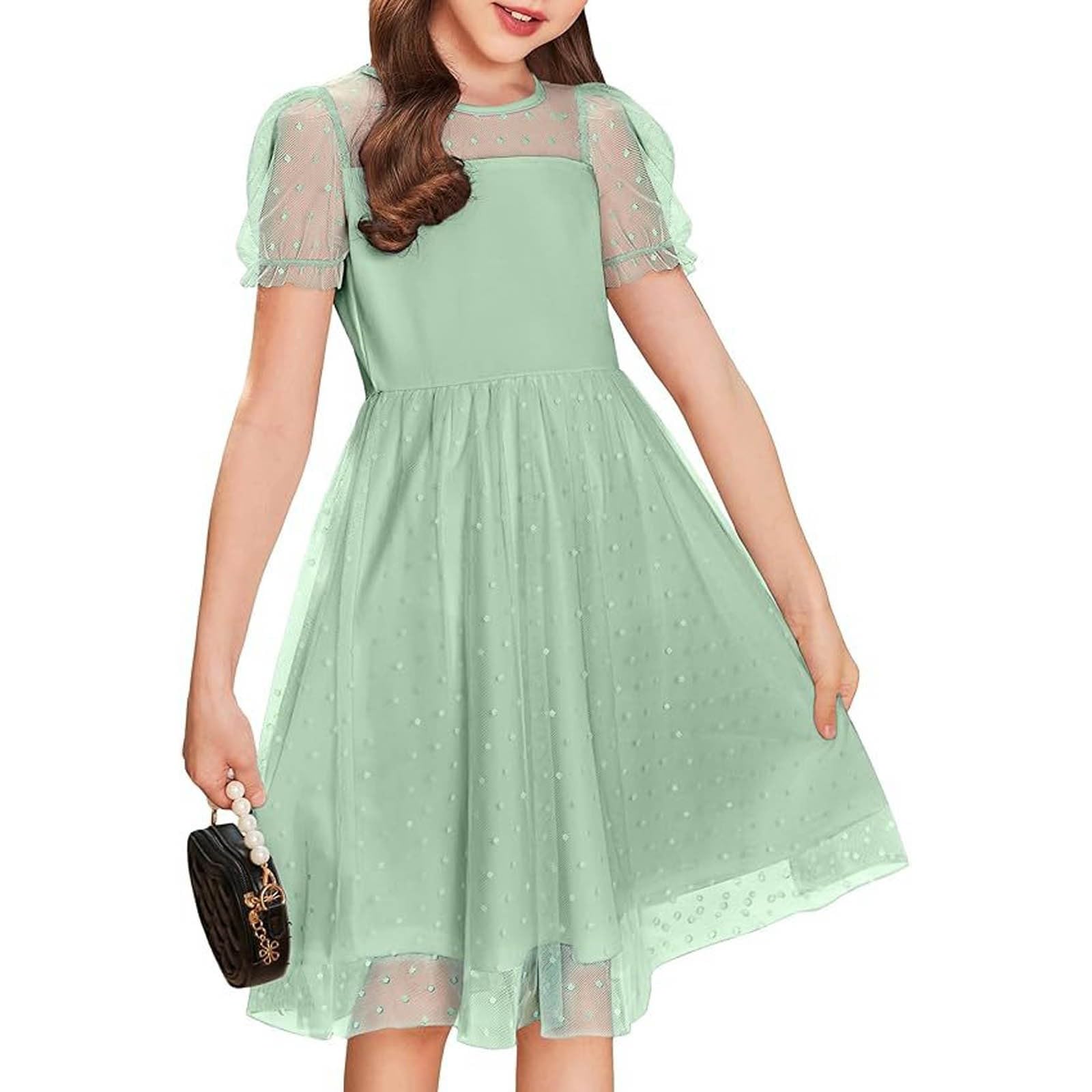 Vestito Elegante Bambina Abito Cerimonia Bambina Mesh Vestiti Estivi Gonfio a Maniche Corte in Rete Abiti da Principessa in Tulle Vita Alta Linea Ad A per Festa Matrimonio e Compleanno 5-14 Anni