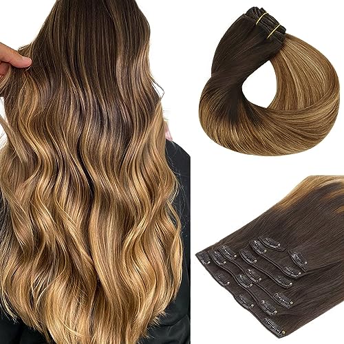 HOTBANANA Clip in Hair Extensions, 20 Inch 110g 7 Pieces, 2/6/18 Dark Brown to Chestnut Brown and Dirty Blonde Highlighted, Clip in Extensions Real Human Hair Natural Long Straight Remy