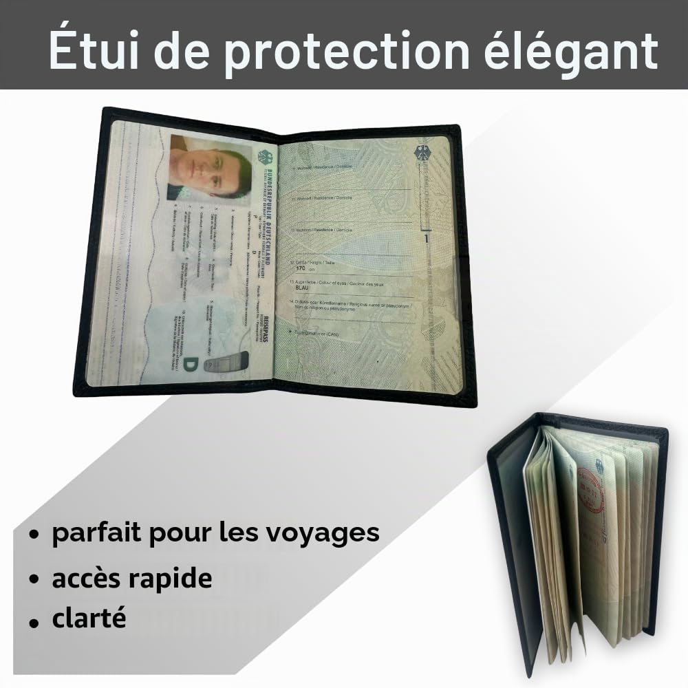 FOMAX Étui de protection en cuir véritable pour passeport, 100 % cuir, élégant, pour voyage, noir, classique